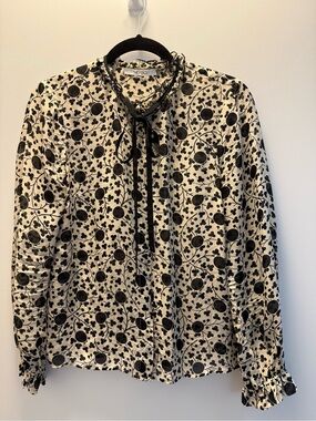 The Fold Silk Black & Cream Floral Tie-Neck Blouse